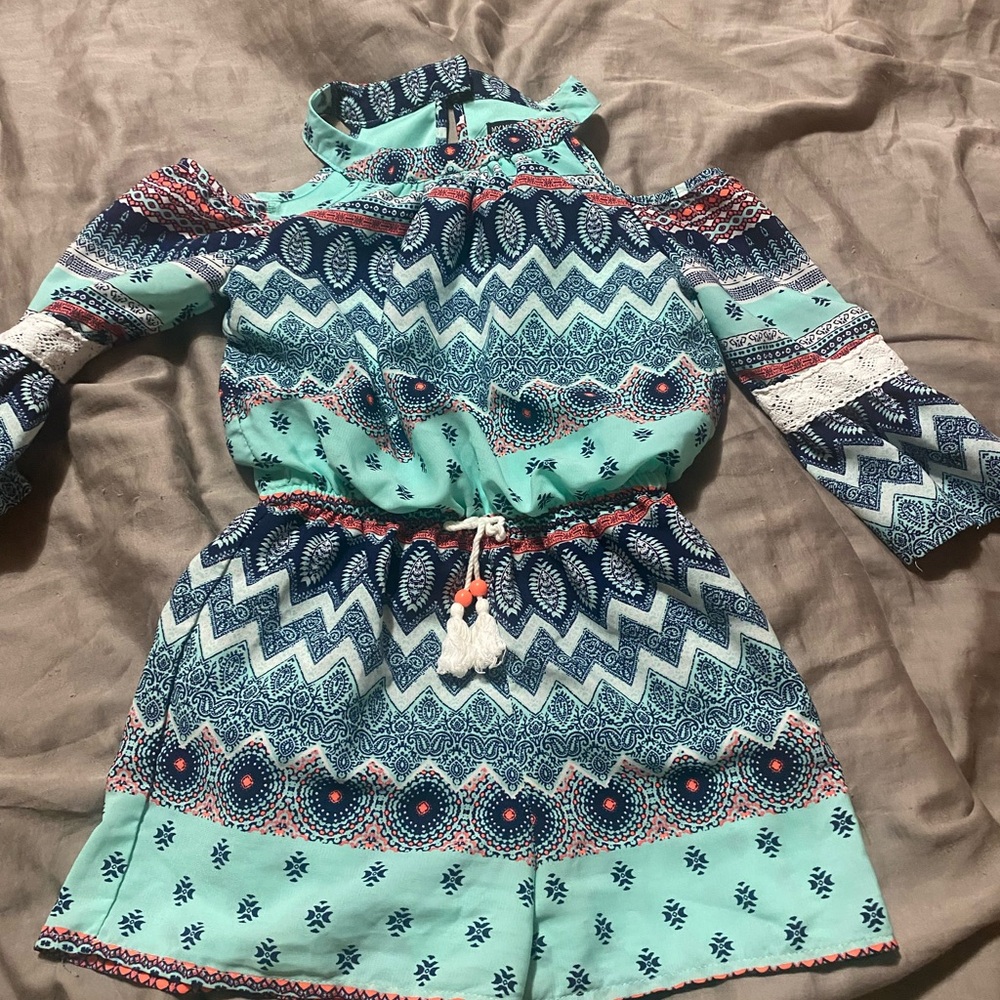 My Michelle Teal and Navy Patterned Romper